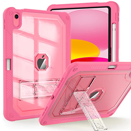 ZoneFoker Case for iPad 11-inch (A16) 2025 / iPad 10th Gen 10.9 inch 2022, Heavy Duty Shockproof Rugged Protective with Pencil Holder, 11th / 10th Translucent Cover with Kickstand, Pink