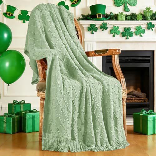 inhand Coperta verde salvia per divano, morbida coperta lavorata a maglia per soggiorno e casa, con nappa, coperta estiva leggera traspirante per esterni, in tessuto caldo, decorativa, 127 x 152,4 cm