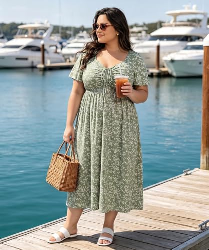 Image of CARCOS Plus Size Dresses for Curvy Women Tie Sweetheart Neck Summer Maxi Dress Short Sleeve Empire Waist Floral Boho Dress