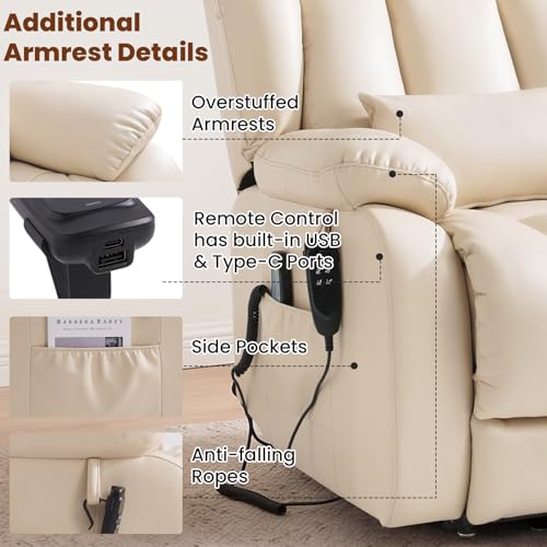 Image of Dual Motor Power Lift Recliner Chair, PU Leather Lay Flat Lift Chair for Elderly with Massage & Lumbar Heating, Extended Footrest, USB Charging, Remote Control, Removable Lumbar Pillow, Biege