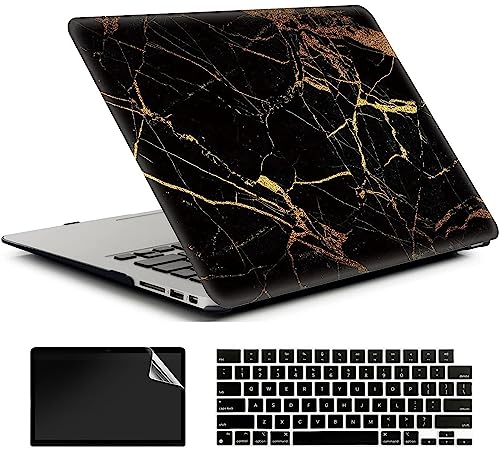 AMCJJ Compatible with MacBook Air 13.6 inch Case 2025 2024 2023 2022 M4 A3240 M3 A3113 M2 A2681, Plastic Hard Shell Case;Keyboard Cover&;Screen Protector - Black Gold Marble