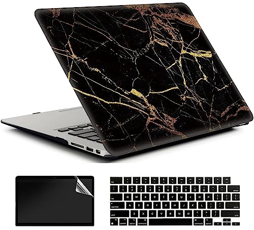 AMCJJ Coque Compatible avec MacBook Air 15 Pouces 2023 M2 A2941,Plastique Coque Rigide Case + EU Protection Clavier + Protecteur d'écran,Marbre d'or Noir