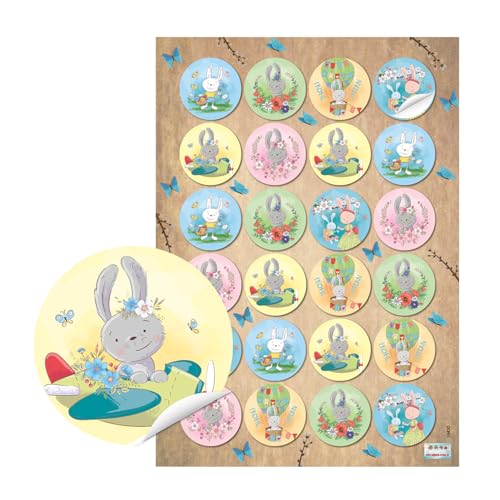 Pegatinas de Pascua con conejos, 24 unidades: pegatinas infantiles, stickers conejitos, decoración conejo Pascua, adhesivos regalo niños, etiquetas redondas autoadhesivas, coloridas, ⌀ 4 cm