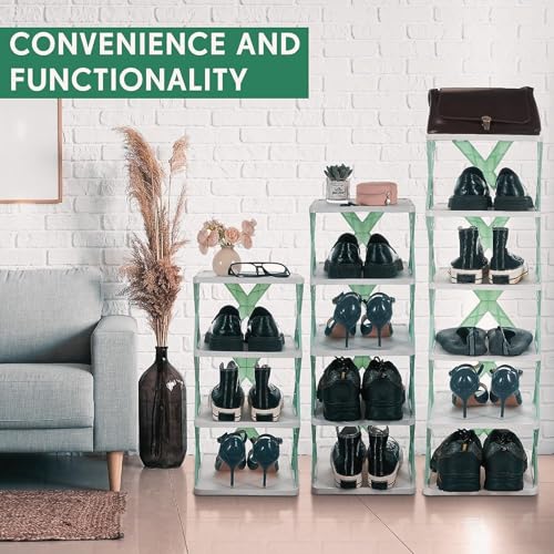Image of 6 Layer Stackable Plastic Shoe Rack Shelf with Interlocking X-Frame Supports and Square Shelves, Multi-Tier Modular Storage Organizer for Shoes