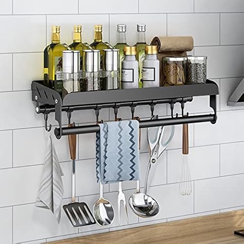 Spice Rack, Kitchen Holder without Drilling, Spice Rack Hanging with Rails and 8 Hooks, Kitchen Rack Wall for Spices, Stainless Steel Wall Mounted Spice Rack for Bathroom and Kitchen, Black Cover