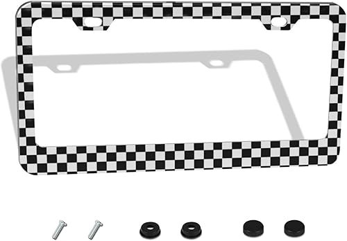 Miniatura 2 de Marco de placa de tablero de ajedrez blanco y negro, bandera de carrera, soporte personalizado de aluminio de metal para placa frontal de automóvil,