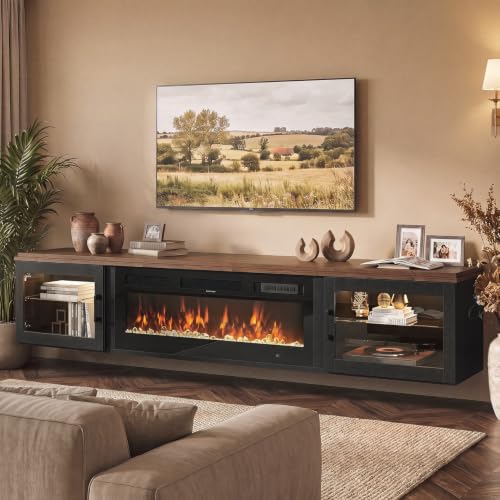Image of 80 inch Floating TV Stand with Fireplace, High Gloss Finish Wall Mounted Fireplace Entertainment Center with Storage for TVs Up to 90 inch, Brown & Black and WI-FI Enabled