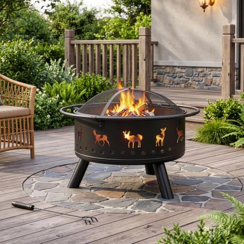 30 Inch Round Outdoor Fire Pit, Heavy Duty Wrought Iron Firepit with Hinged Spark Screen Lid & Lift Ring, Decorative Elk Cutout Patio Fire Pit for Backyard, Garden, Lawn and Camping, Black - Image 7