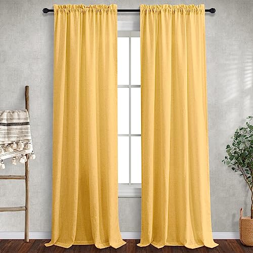 Image of Yellow Gold Linen Curtains 63 Inch Length for Kitchen 2 Panels Rod Pocket Bright Pop Colored Gourmet Semi Sheer Mustard Golden Yellow Curtain for Bedroom Living Room Office Marigold Spring Fall Decor