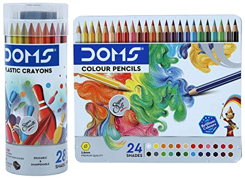 Image of Doms Plastic Crayon 28 Shades Round Tin Fsc 24 Colour Pencil Flat Tin, Multicolor