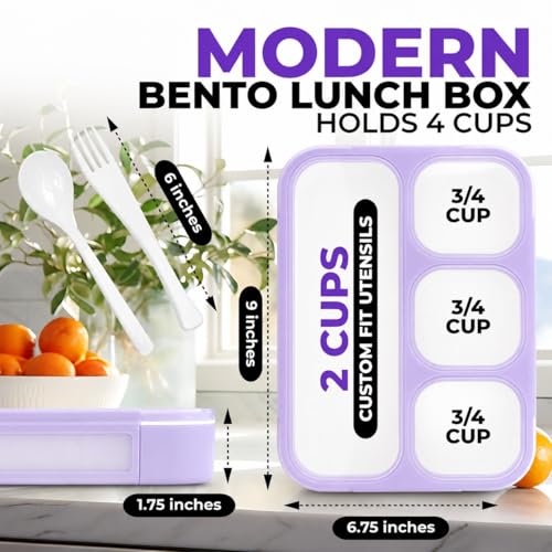 Image of kinsho Bento Lunch Box for Kids Women Adults Girls School Work | Snack Containers for Toddlers Tweens | 4 Divided Sections for Portion Control includes Utensils BPA Free | Purple