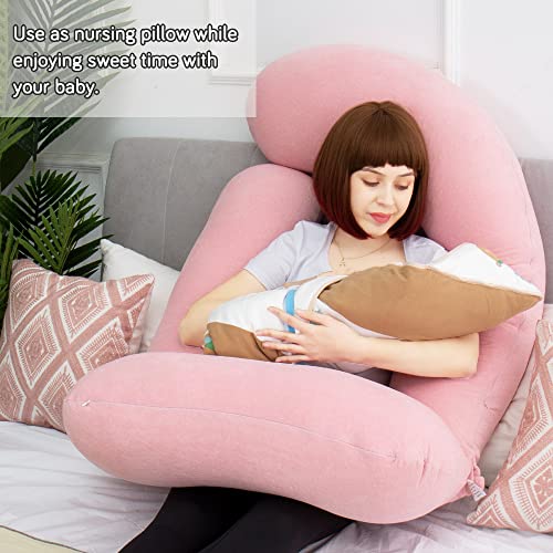 Image of 60in Full Body Pillow | Nursing, Maternity and Pregnancy Pillow | Extra Large U Shape Pillows with Detachable Side, Separate Support Pillow and Removable Cover Velvet (Light Pink)