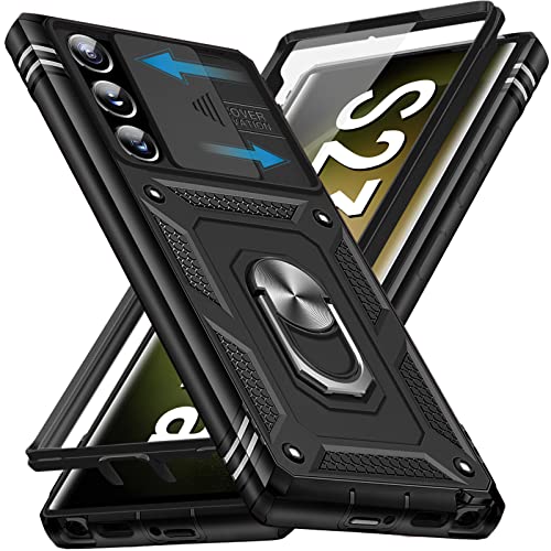 Handyhülle für Samsung Galaxy S23 Ultra 5G Hülle, Galaxy S23 Ultra 5G Schutzhülle mit Kameraschutz 360° Drehbarer Metall Ring Ständer Stoßfest Bumper S23 Ultra 5G 6.8" Case Cover (Schwarz) Cover