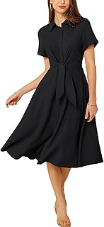 Womens Linen Dresses Summer Casual Flowy Collar Button Down Dress Front Tie Short Sleeve Pockets Midi Work Dress - Buy now