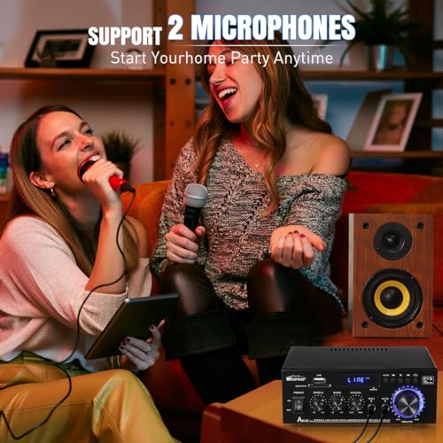 AK45 Pro Amplifier Home Audio Bluetooth 5.0 Stereo Amplifier Rated Power 50W 2.0 Channel Bluetooth Amplifier for Speakers Stereo Receivers for Home Theater Speakers w/USB/SD/RCA/2 MIC in for Karaok