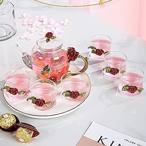 Iamagie Glass Teapot - 280 ml - France Enamel Rose Flower Butterfly Decoration Heat Resistant Glass Teapot Kettle with Strainer for Blooming Tea Loose Leaf Tea (Red, Single Teapot)