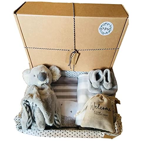 New Baby Gift Hamper, Plush comforter, muslins, blanket, bootees and lavender bag - Gift Set, Eco Friendly Hamper, pink, grey, gender neutral, unisex options available. (Grey Koala) Cover
