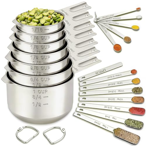 EWFEN Measuring Cups and Spoons Set, 7 Stainless Steel Nesting Measuring Cups & 7 Spoons, 5 Mini Measuring Spoons &1 Leveler, Kitchen Gadgets for Cooking & Baking, Square