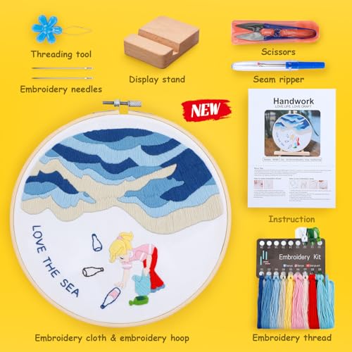 Image of BERYA Embroidery Kit for Adult Beginners, Sea Embroidery Kit with Step-by-Step Instructions and Video, Printed Cloth, 7.87 inch Hoop, Display Stand, Color Threads and Tools for Craft Lover(BEH001)