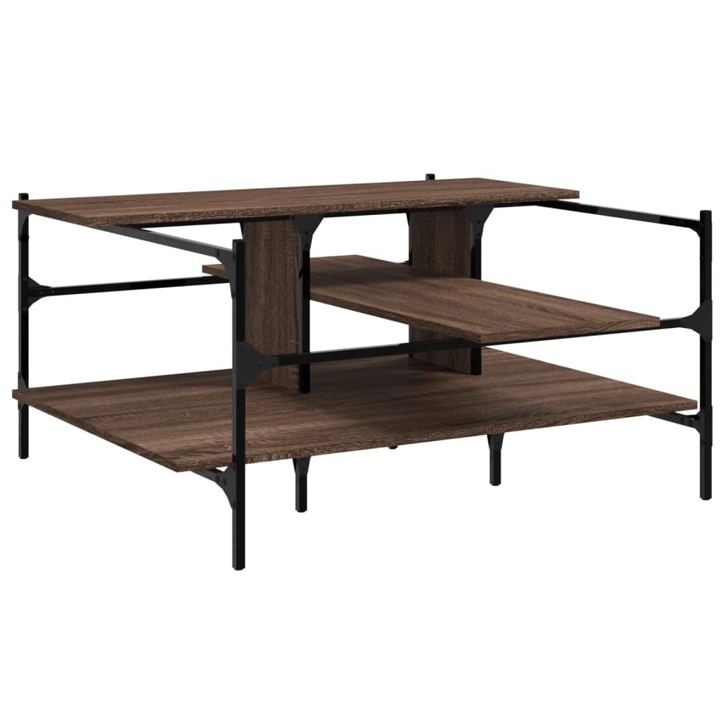 Table basse carrée 100x100 cm en chêne marron et acier avec rangement