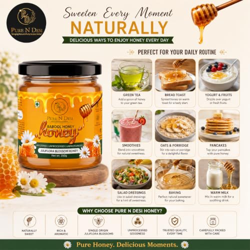 Image of PURE N DESI Juliflora Honey Raw Unprocessed Natural Honey 250g | Raw Juliflora (Babool /Kikar) Honey • Unprocessed • No Added Sugar • Rich Floral Taste • 250g Glass Jar