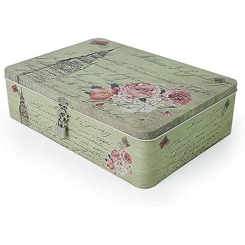 Luwint Tin Metal Storage Box - Vintage Letter Paper Cookies Container Decorative Secret Case with Key & Lock Gifts for Boys Girls Birthday Home Decor Keepsake Cover