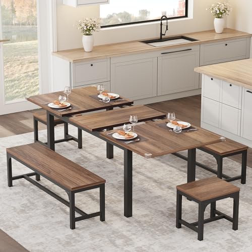 Niwugady Essgruppe Ausziehbarer Esstisch mit 2 Bänken & 2 Stühlen Set für 4–8 Personen, Esszimmertisch mit Eisenbeinen, Esstisch 120-160 x 77 x 70 cm, Küchenmöbel, Esszimmermöbel