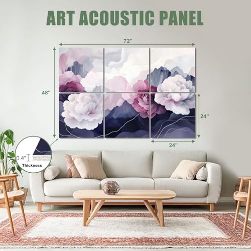 Paneles acústicos artísticos 6 piezas rosa polvo con peonías, montañas y ondas suaves, paneles de pared decorativos autoadhesivos para estudio y oficina 72"x48" miniatura 2