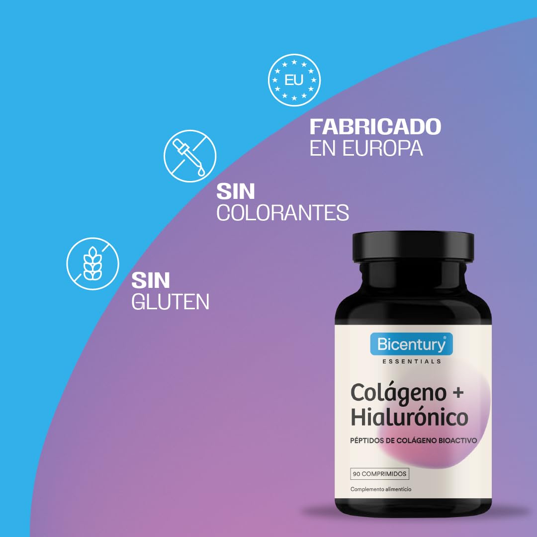 Bicentury Colágeno Ácido Hialurónico - Complemento Alimenticio con Péptidos de Colágeno Bioactivo, Ácido Hialurónico, 2 vitaminas y 2 minerales, 90 comprimidos