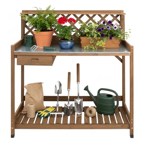 Garden Potting Bench with Metal Tabletop,Outdoor Potting Table Workstation Benches with Drawer/Storage Shelf，Fir Wood Potting Station Work Table wit