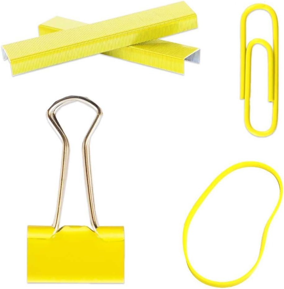 JAM PAPER Desk Supply Assortment - Yellow - (1) Rubber Bands (1) Colored Staples (1) Binder Clips (1) Paper Clips - 4/Pack