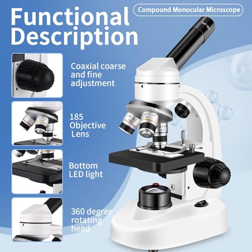 Image of Compound MicroscopeWF10x and WF25x Eyepieces, Slides for Students, Home School Lab Microscope for Adults Suitable for Laboratory School (Bright White)