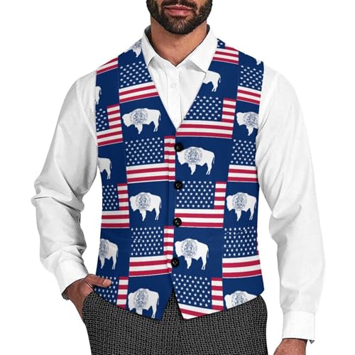 Flag of Usa And Wyoming Suit Vest for Men Waistcoat Dressy V Neck Button Down Sleeveless Business Jacket Coat