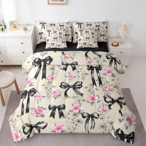 Image of Black Bow Tie 7 Piece Comforter Set Full Bed in a Bag | Boho Floral Pink Flowers Bedding Sets Princess Bow Comforter and Sheet Set, Girly Ribbon Bowknot Bed Sets,Cute Room Decor Aesthetic Kawaii