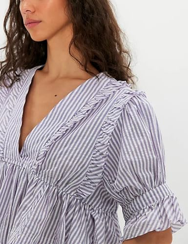 Image of Bozanly Womens Summer V Neck Short Sleeve Crop Tops Striped Shirts