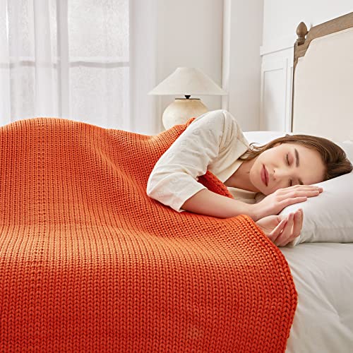 Guohaoi Knitted Weighted Blanket for Adults (Orange 60"x80" 15lbs) No Beads Cooling Throw Blanket for Hot Sleepers, Home Decor Breathable Chunky Knit Heavy Blanket Use on Queen/King Size Bed