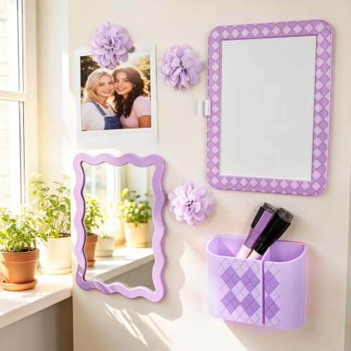Image of 8 PCS Purple Locker Accessories Kit for Girls with Magnetic Mirror Whiteboard Pen Holder Flower Magnets Cute Aesthetic Locker Decoration Set for School Dorm Office Organization