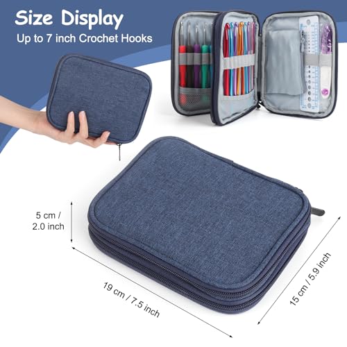 Image of Katech Crochet Hooks Case - Portable Travel Storage Bag with Zipper, Web Pocket, and Holder Slots for Various Crochet Needles (Blue)