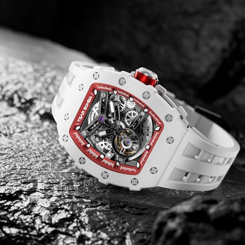 Image of TSAR BOMBA Men's Automatic Watch Tonneau Luxury Skeleton Watches for Men Mechanical 50M Waterproof Analogue Watches Mens Unique Cool Square Big Face Dial Wristwatch with Silicone Strap Band