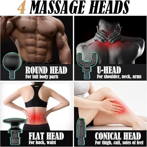Image of Handheld Deep Tissue Massage Gun with Long Reach Handle | 4 Interchangeable Massage Heads | 6 Speed Levels & 3 Massage Modes | Cordless Rechargeable Percussion Massager for Neck, Back, Shoulders, Legs & Feet
