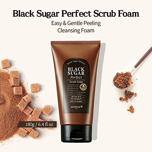 Skinfood Black Sugar Perfect Scrub Foam 180G - Detoxifying Pore Scrubs & Exfoliator Soft & Rich Bubble Facial Foam Cleanser, Removes Dead Skin Cells - Exfoliating Skincare For Men & Women (6.35 Oz) #TOP1