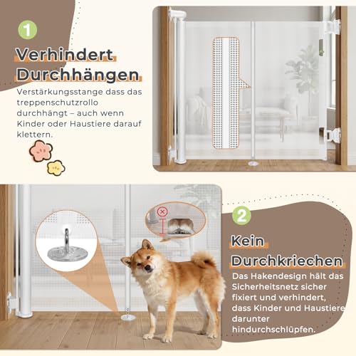 Ycozy Treppenschutzgitter Ohne Bohren 0-150cm Türschutzgitter Ausziehbar mit Stützstangen Treppenschutzrollo Einhändiges Öffnen Kinderschutzgitter Türgitter Baby Hunde Absperrgitter Treppengitter