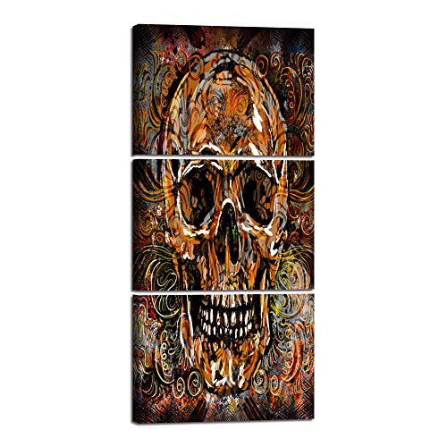 Large Sugar Skull Feature Canvas Wall Art Painting 3 Panels Day of The Dead Contemporary Pictures Abstract Artwork Crossbones Framed Decor for Living Room Bedroom Halloween Ready to Hang (28''Wx60''H)