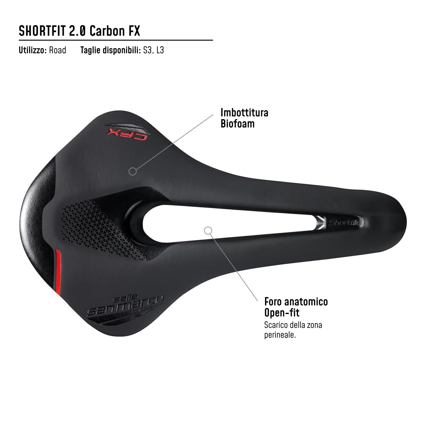 Selle San Marco SHORTFIT 2.0 Carbon FX - Sella per Bicicletta da Corsa, Telaio in Carbonio, Leggera e Performante