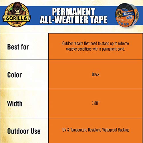 Image of Gorilla All Weather Duct Tape, Black, 1.88 inch x 25 yd - UV and Temperature Resistant Waterproof Tape for Outdoor Repairs (Pack of 4)