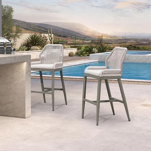 Image of PURPLE LEAF Bar Stool 1 Piece Outdoor Bar Height Metal Stool Modern Wicker Rattan Barstools with Back Aluminum Outside Garden Patio Bar Chair, Light Grey