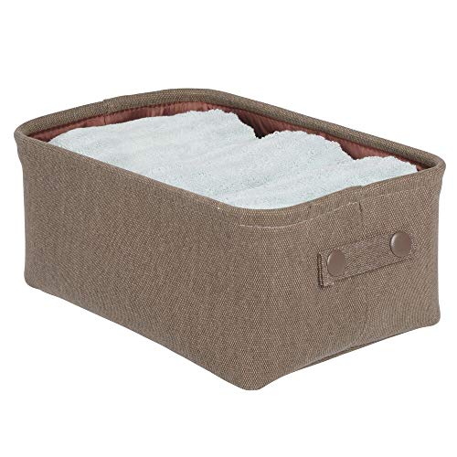 mDesign Cesta de tela con forro y diseño estructurado – Ideal como cesto para baño o como organizador de cosméticos – Práctico organizador de baño de algodón y metal con asas – marrón oscuro