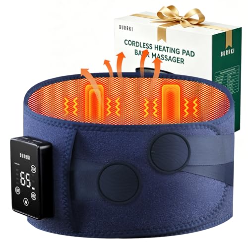 Burrki Cordless Heating Pad for Back, Portable Wearable Heat Belt with Massager for Lower Back Pain Relief Cramps Mothers Day Gifts for Women Mom Men Dad Seniors 3 Heat 30mins Off, 4 Vibration Modes
