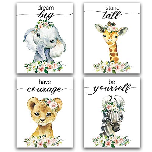 Elephant Flower Inspirational Words Woodland Crown Animals Adorable Art Print Set Of 4 (8”X10”), Motivational Quote Phrases Wall Art Poster For Nursery Baby Kids Room Home Decor, No Frame (Flower) #TOP28