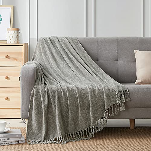 BOURINA Chenille Fluffy Throw Blanket with Decorative Fringe for Couch